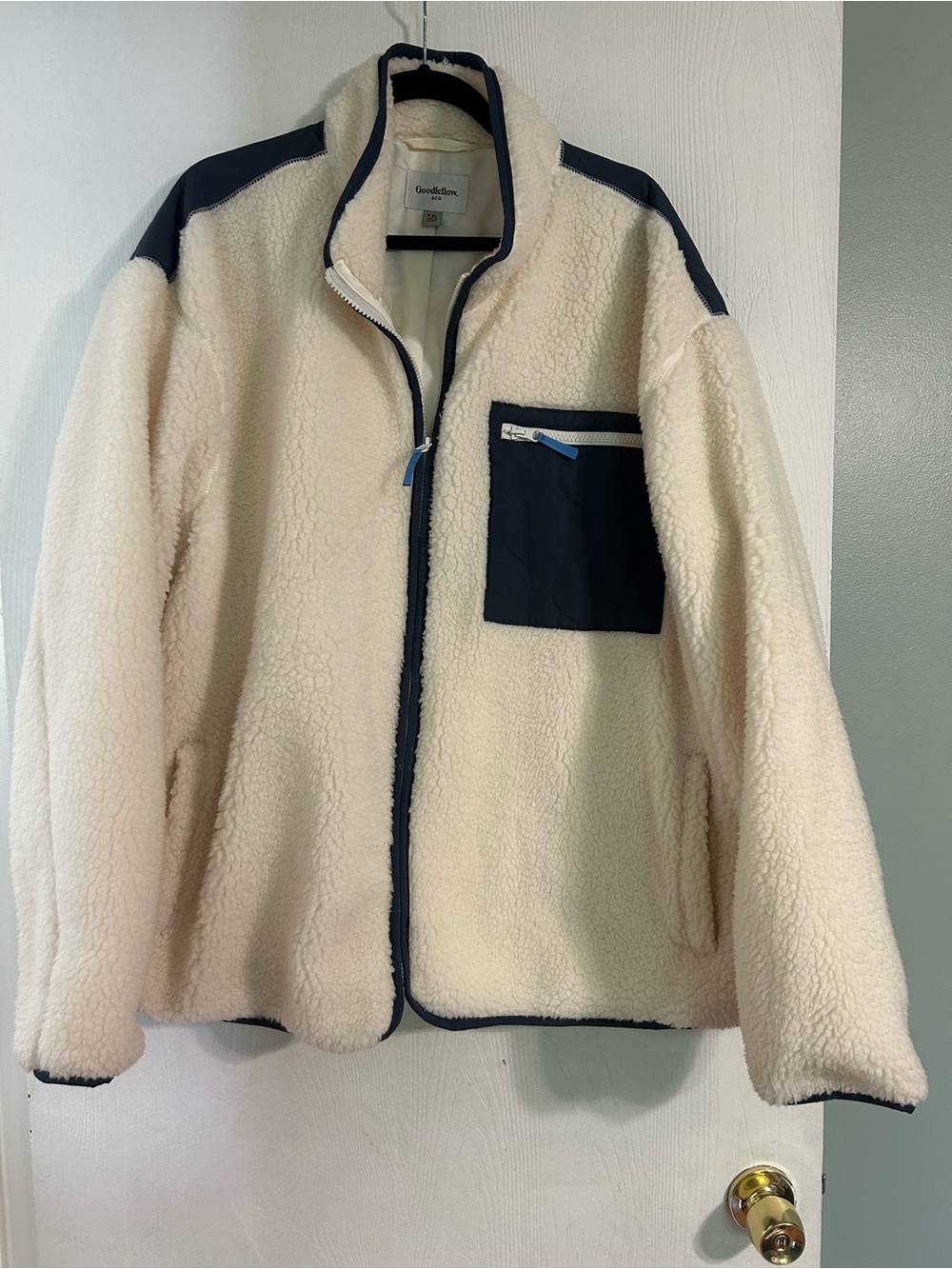 Women’s Cream Sherpa Fleece Jacket with Navy Trim